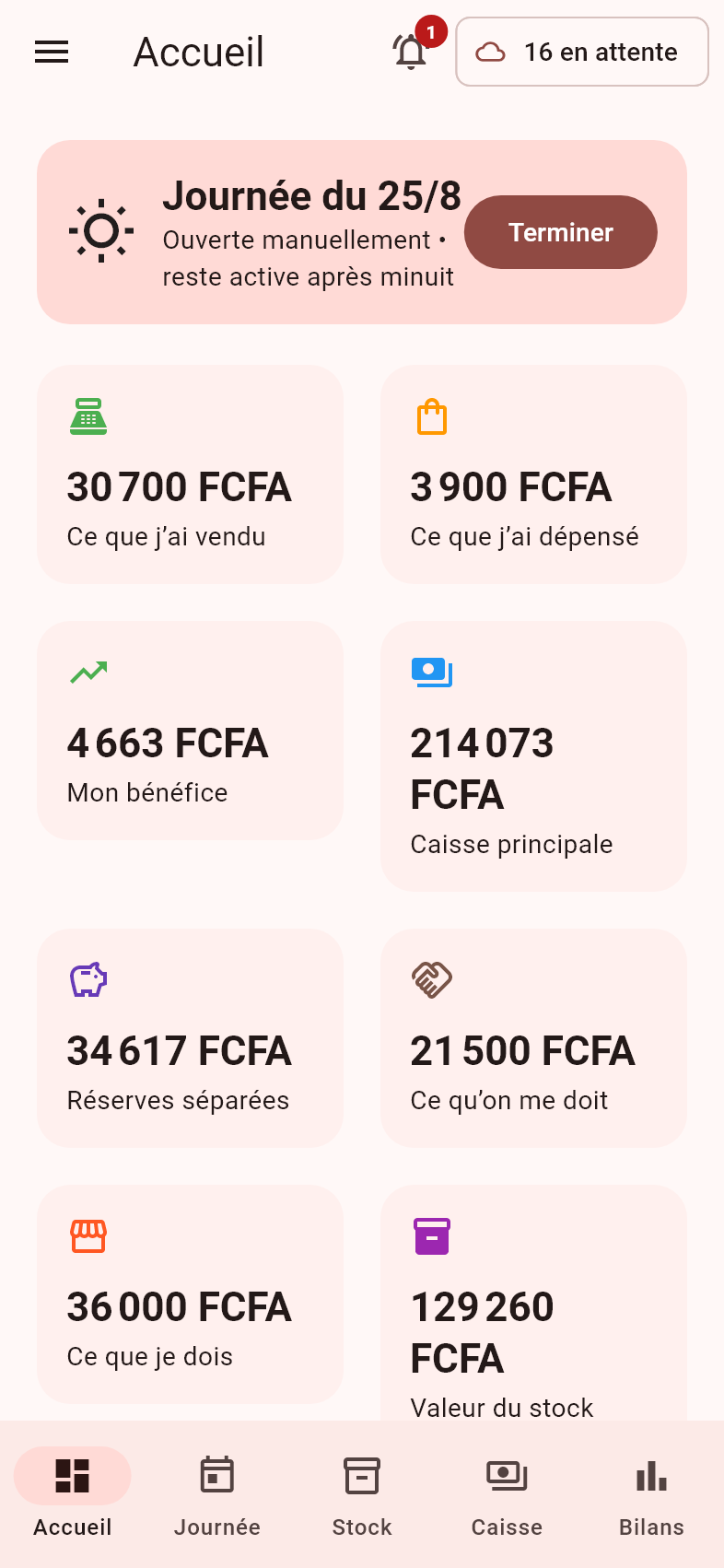 Écran d’accueil de BFC Gestion : montants vendus, dépensés, bénéfice et caisse de la journée en cours.