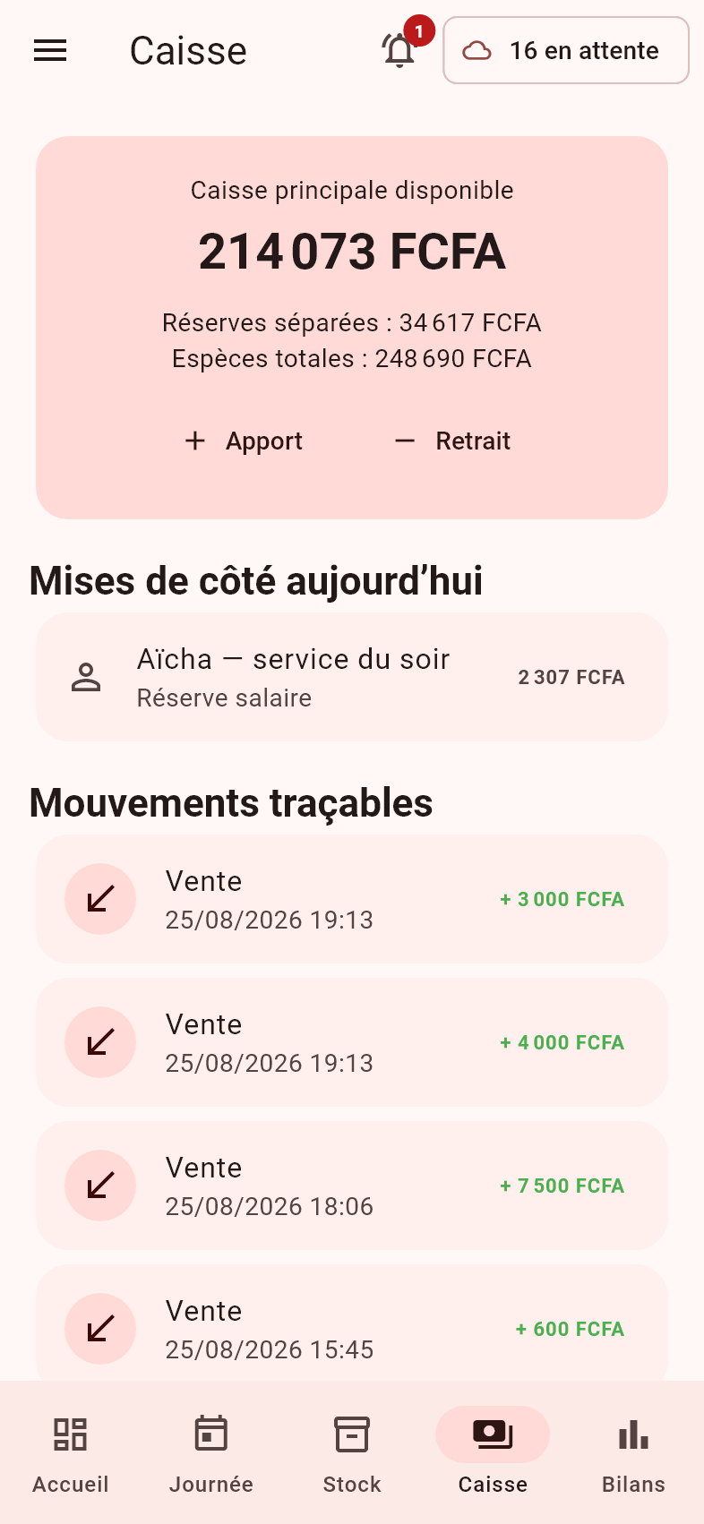 Écran Caisse : mouvements d’argent de la journée et solde théorique.