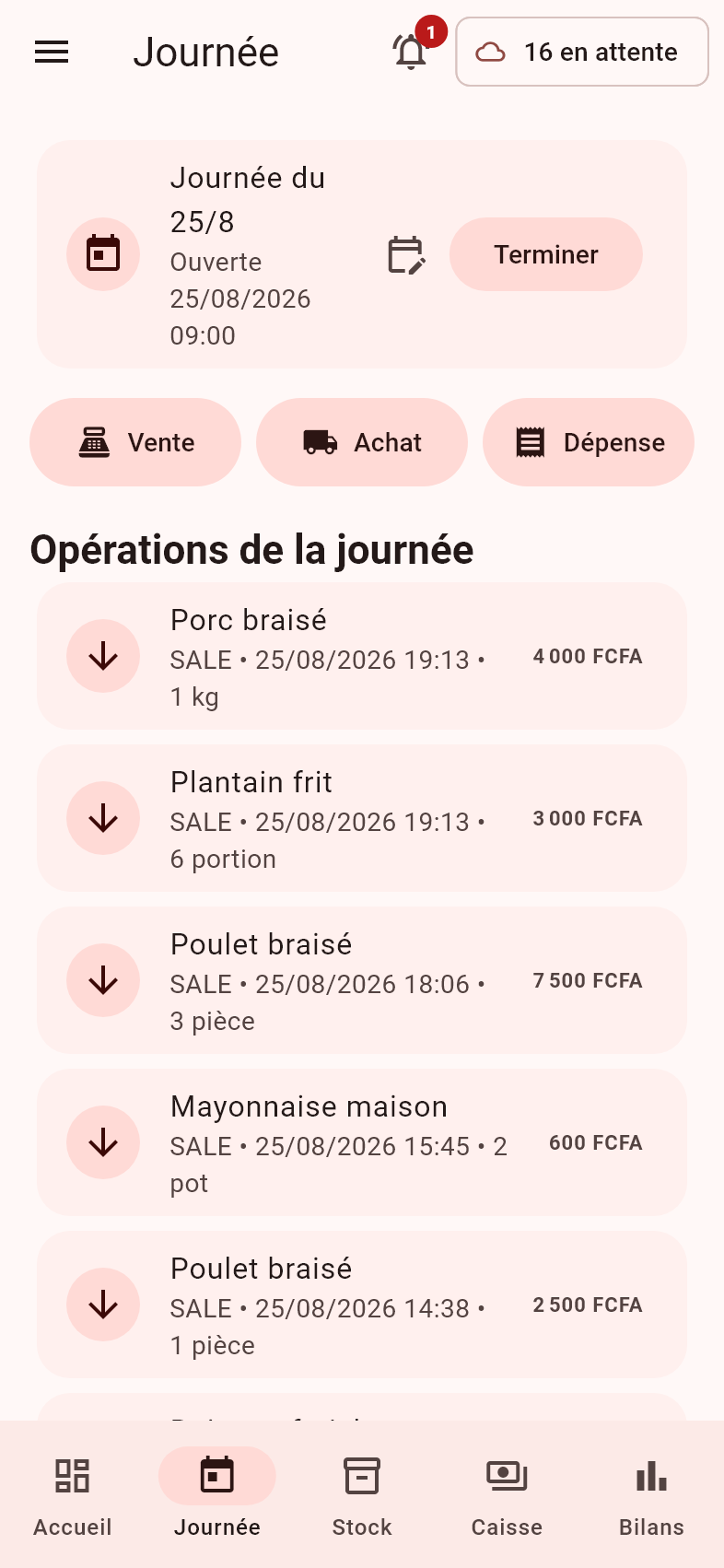Écran Journée : opérations de la journée en cours et actions de saisie.
