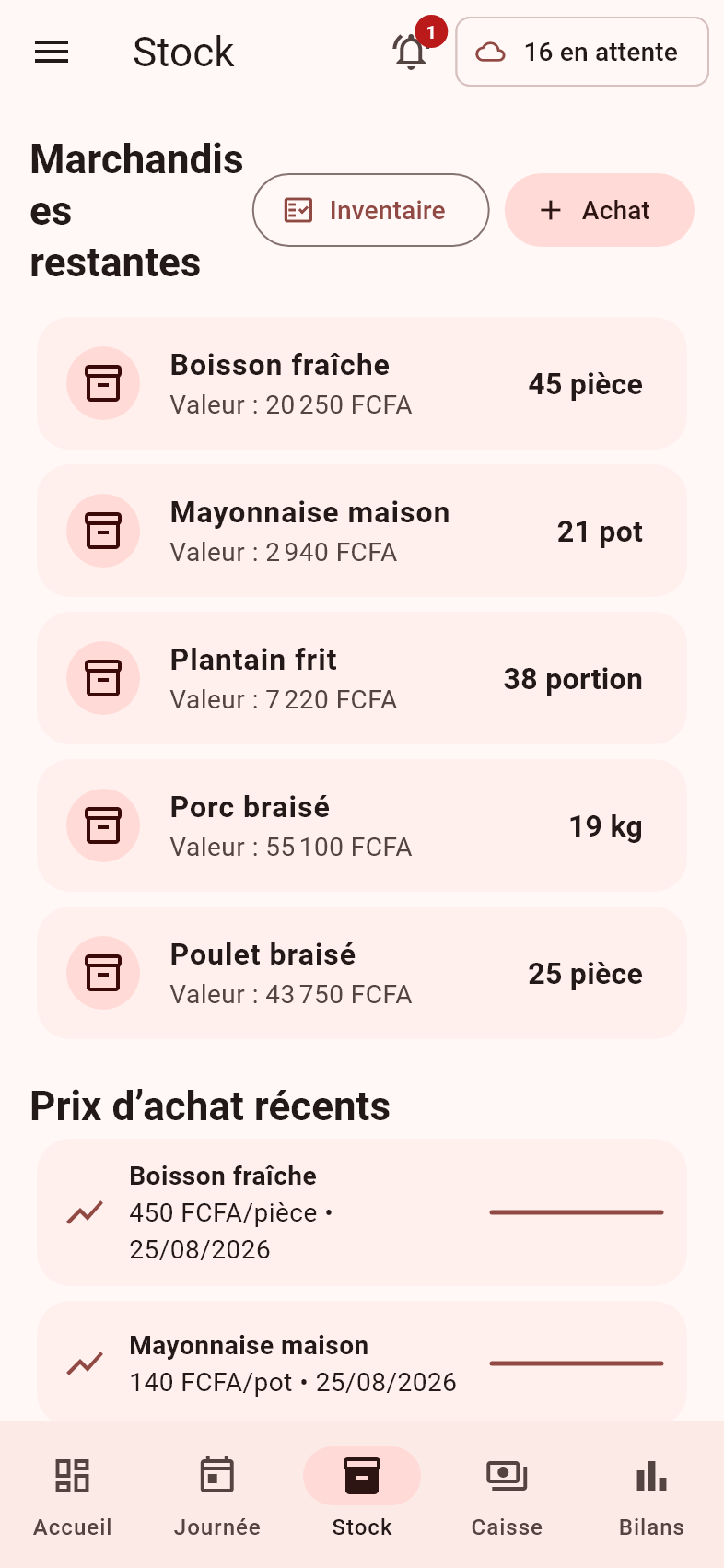 Écran Stock : produits, quantités restantes et valeur du stock.